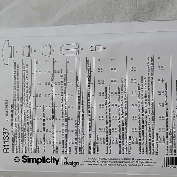 Simplicity Children's Jacket,  Skirt,  Cropped Pants And Purse - Picture 3 of 4